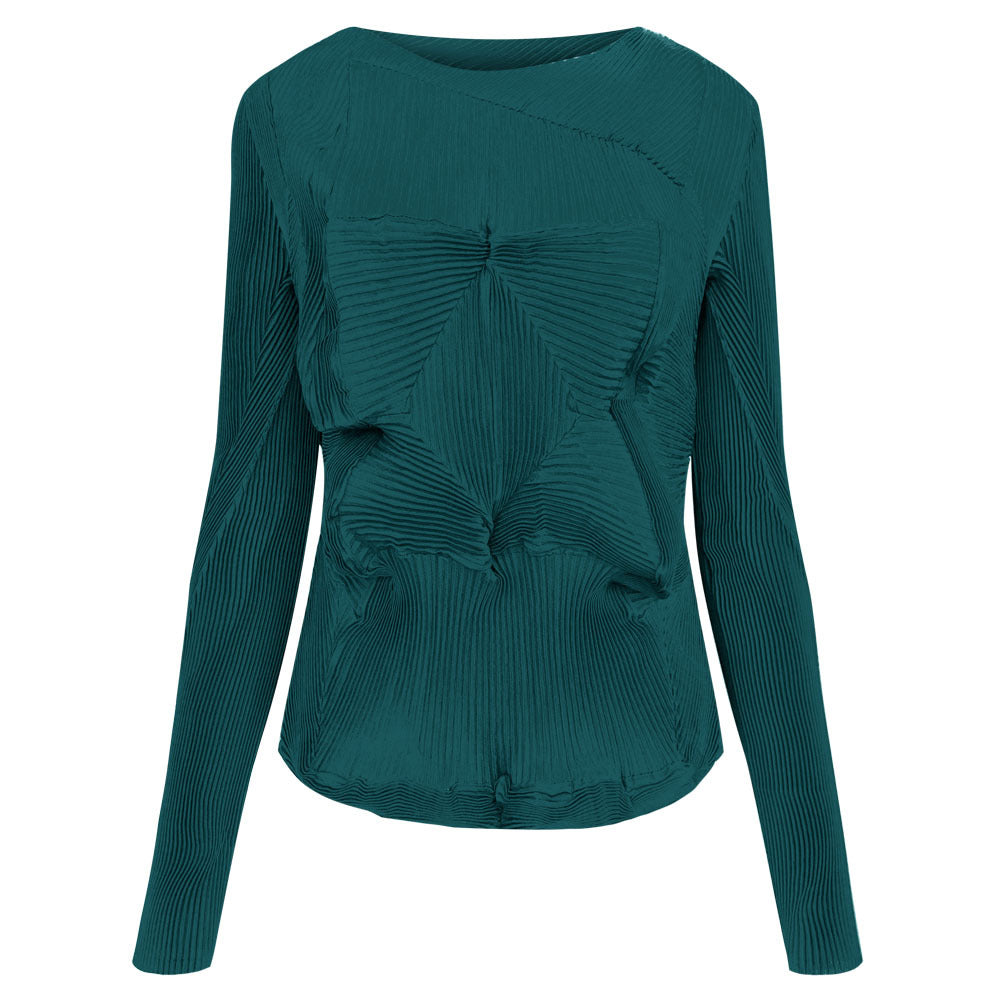 Folding Top round Neck Irregular Solid Color Long Sleeve Elegant Versatile Top Women