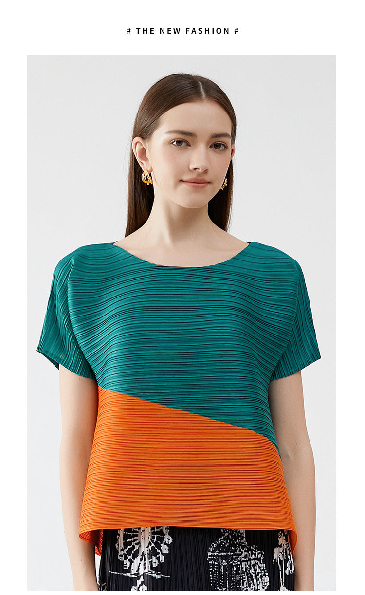 Pleated Design round Neck Short Sleeve Loose Contrast Color Casual T-shirt Top for Women