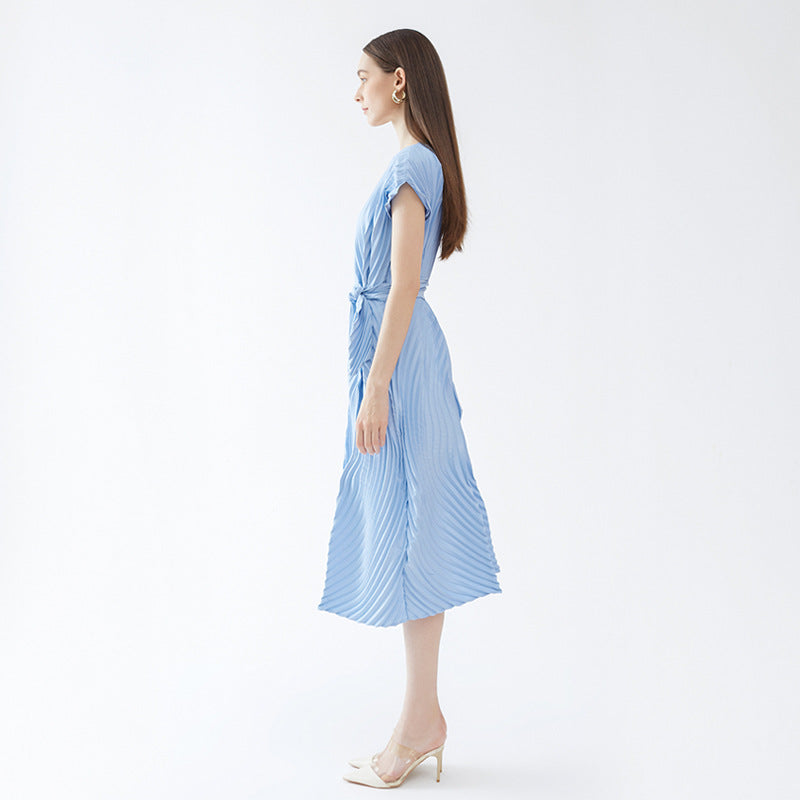 Dress Women's Slim Handmade Pleated round Neck Solid Color Pleated Skirt