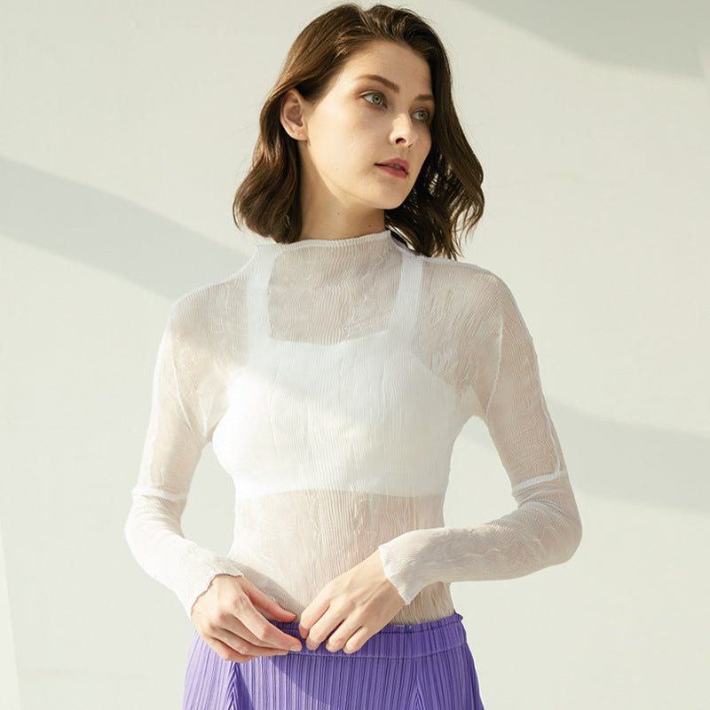 Season Women's Simple Slim Fit Inner Wear Collar Pleated Hollow Bottoming Shirt Women's Long Sleeve Sun Protection Shirt