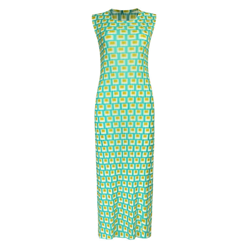 Plus Size Temperament Long Dress Pleated Sleeveless Vest Dress Temperament Slimming Dress Women's Summer