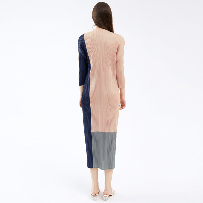 Contrast Color Long Sleeves Dress Women's Design Sense Patchwork Long Dress