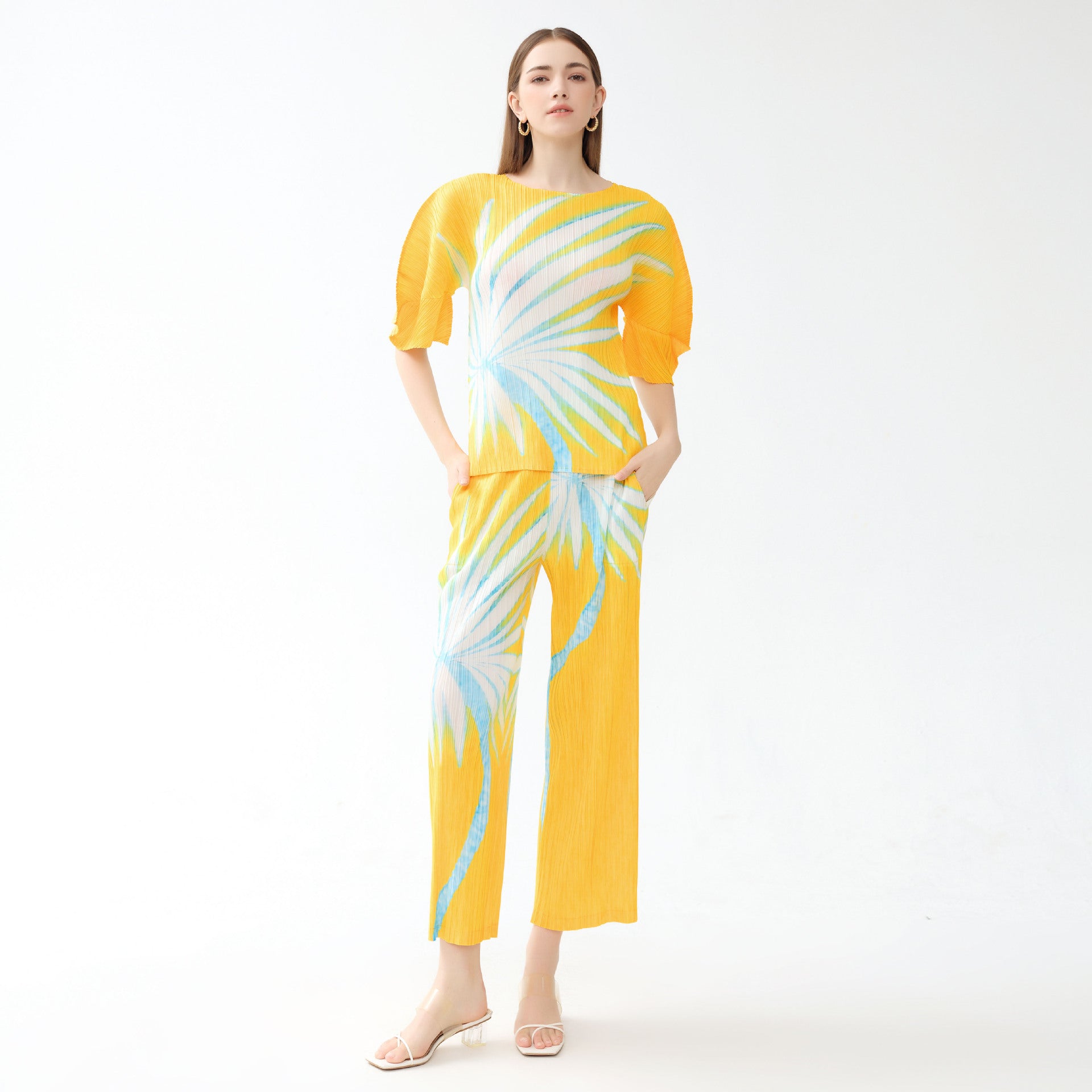 Printed 3/4 Sleeves Straight-Leg Pants Slim Fit Casual Two-Piece Suit