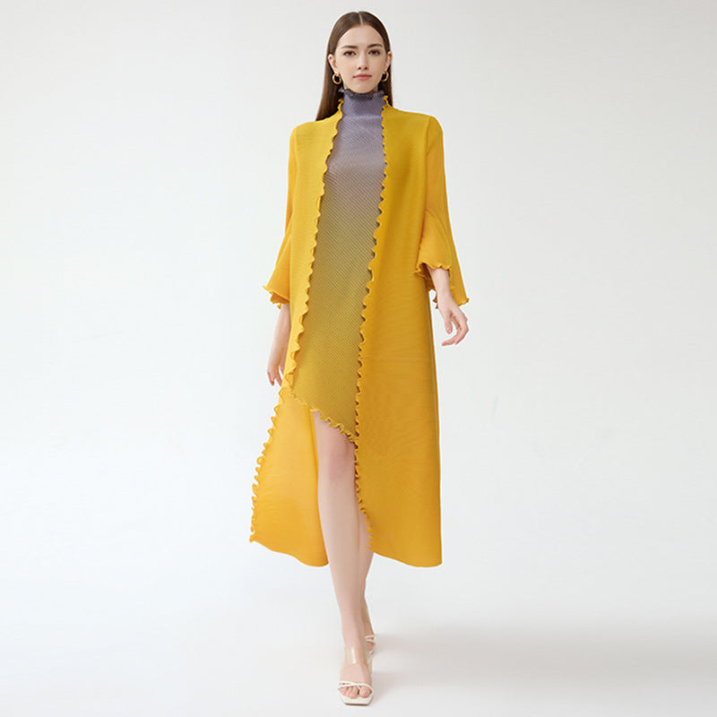 Irregular Two-Piece Long Sleeve Gradient Coat Collar Temperament Leisure Pleated Dress