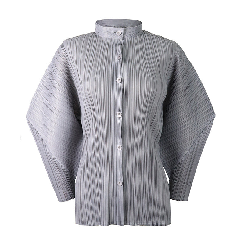 Batwing Long Sleeve Stand Collar Top Loose Slimming Shirt Cardigan Buckle Niche Horn Style