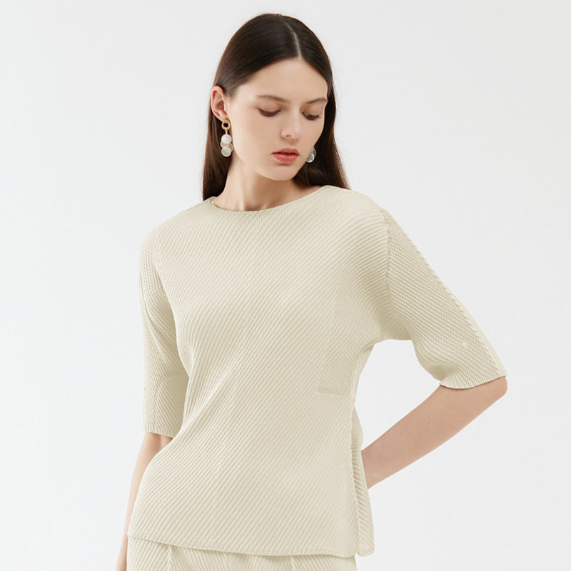 Main Line Scale Pleated Solid Color T-shirt Niche Half Sleeve round Neck Top for Women