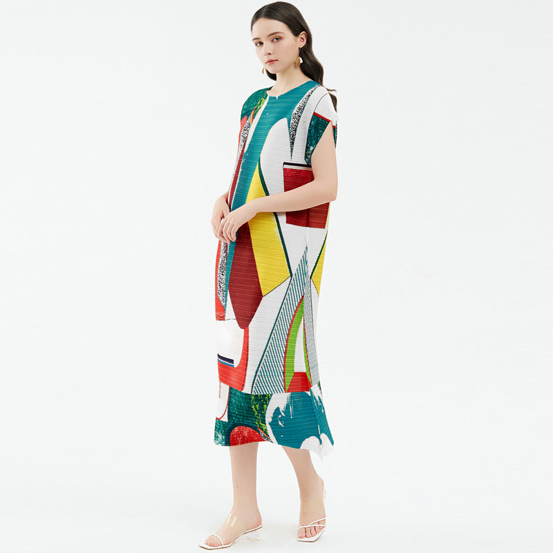 Printed Pleated Short Sleeves Dress Women's Loose Long Dress Design Skirt