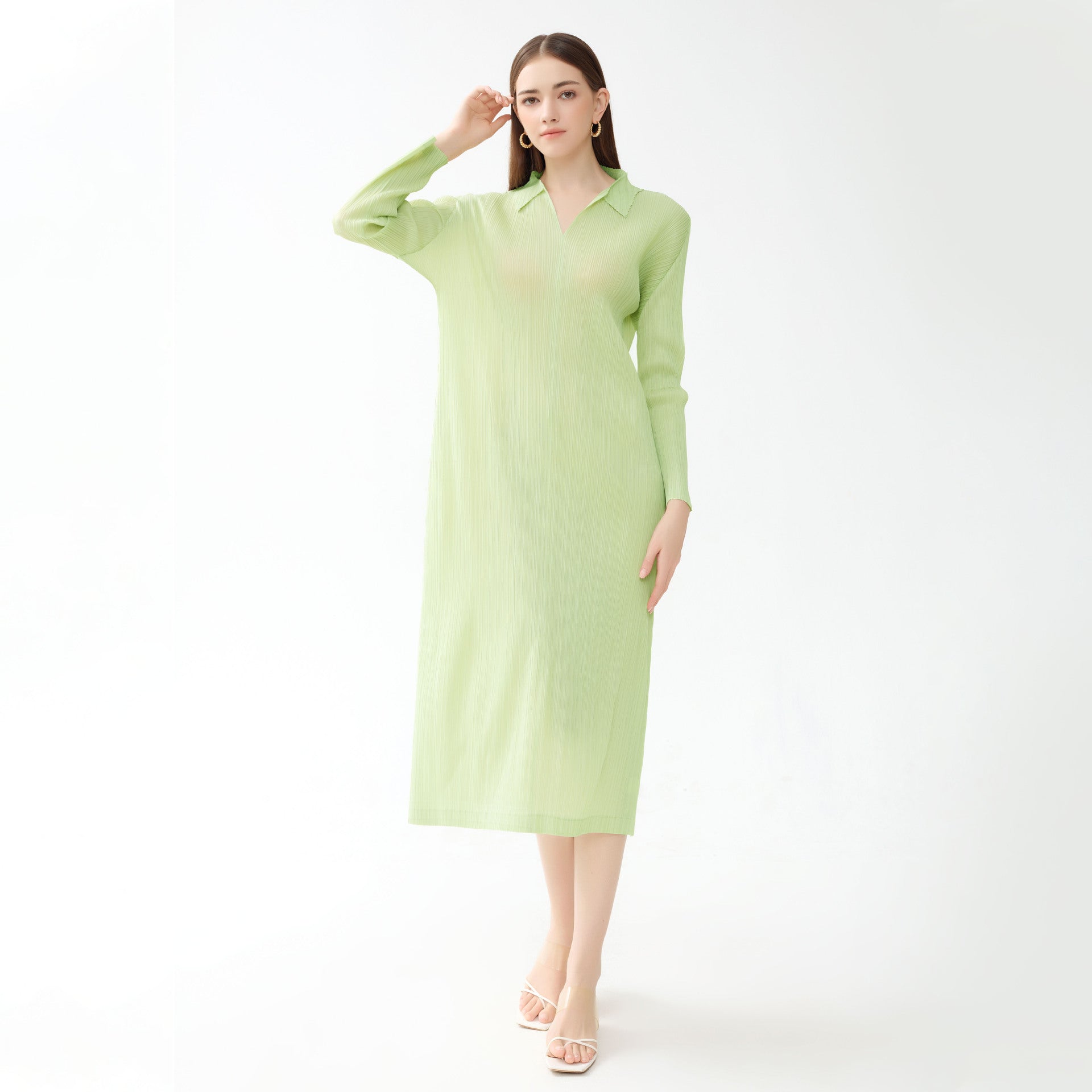 Dress Polo Collar Long Sleeve A- line Skirt for Women