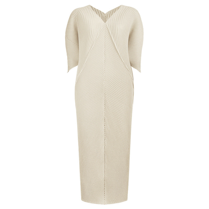 Scale Pleated Dress Mid-Length Five-Quarter Sleeve Elegant Solid Color Dress Women