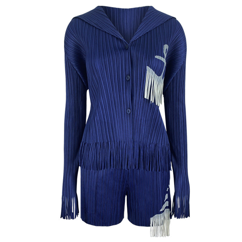 Sense of Design Shirt Shorts Sailor Two-Piece Set Women Tassel Contrast Color Waist Shorts Suit Women