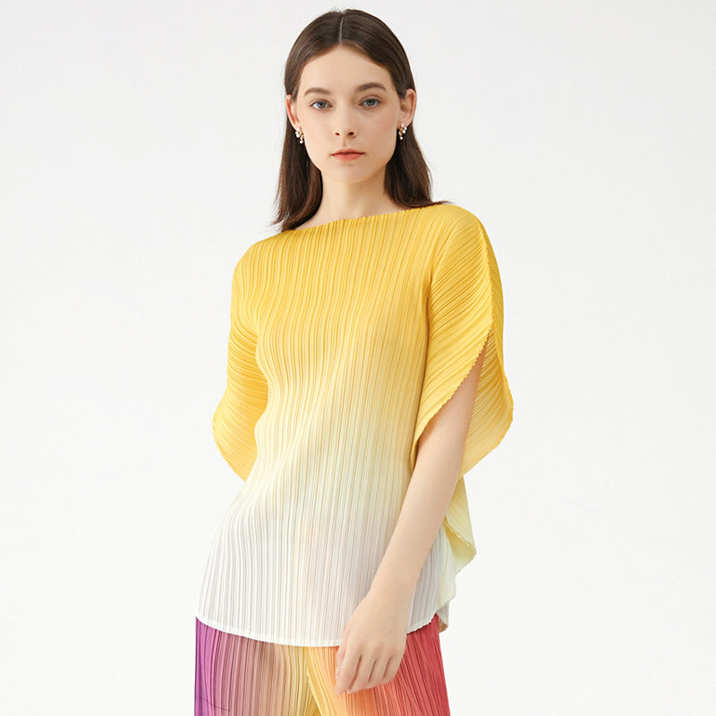 Gradient Color Short-Sleeved T-shirt Women's Simple Style Small Loose All-Match round Neck Pleated Top