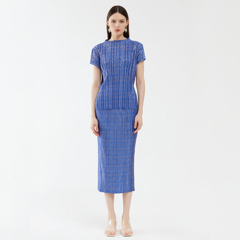 Casual Suit Women's Design Temperament Year Short-Sleeved T-shirt Pleated Skirt Two-Piece Set for Women