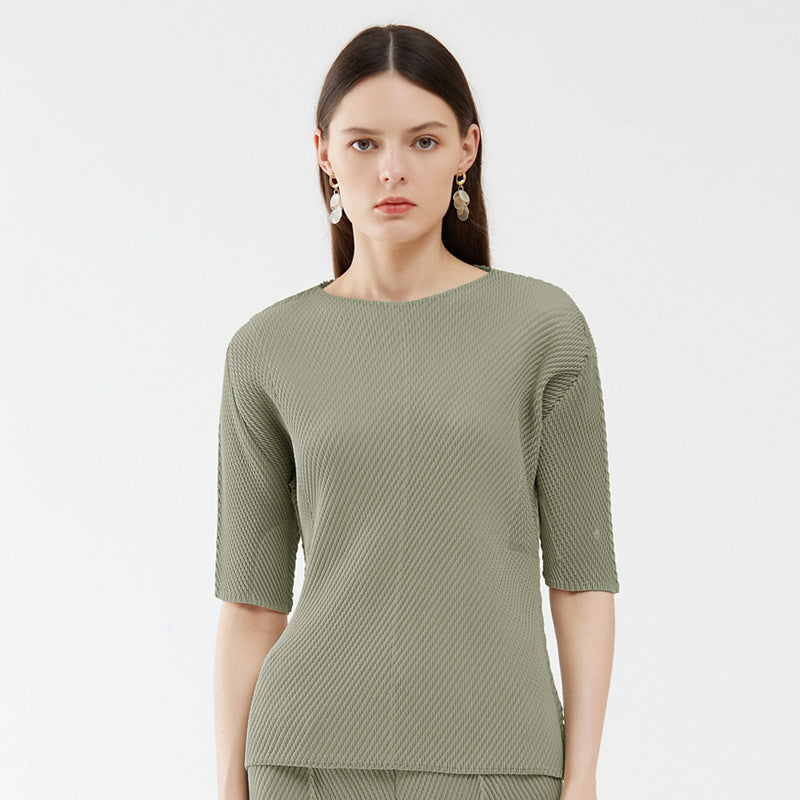 Main Line Scale Pleated Solid Color T-shirt Niche Half Sleeve round Neck Top for Women