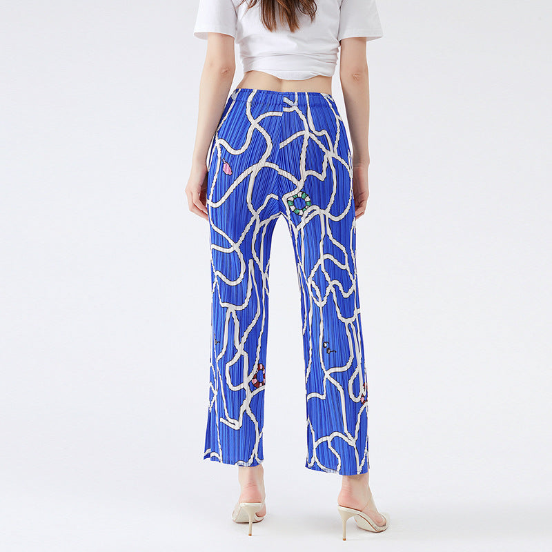 Pants Women's Straight-Leg Pants Long Women's Elegant Pleated Print Line Casual Style Trousers