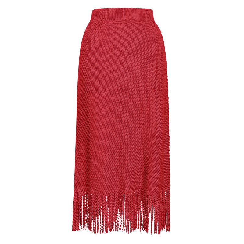 Scale Pleated Waist Pure Color All-Matching Tassel A- line Midi Skirt Women's Multicolor