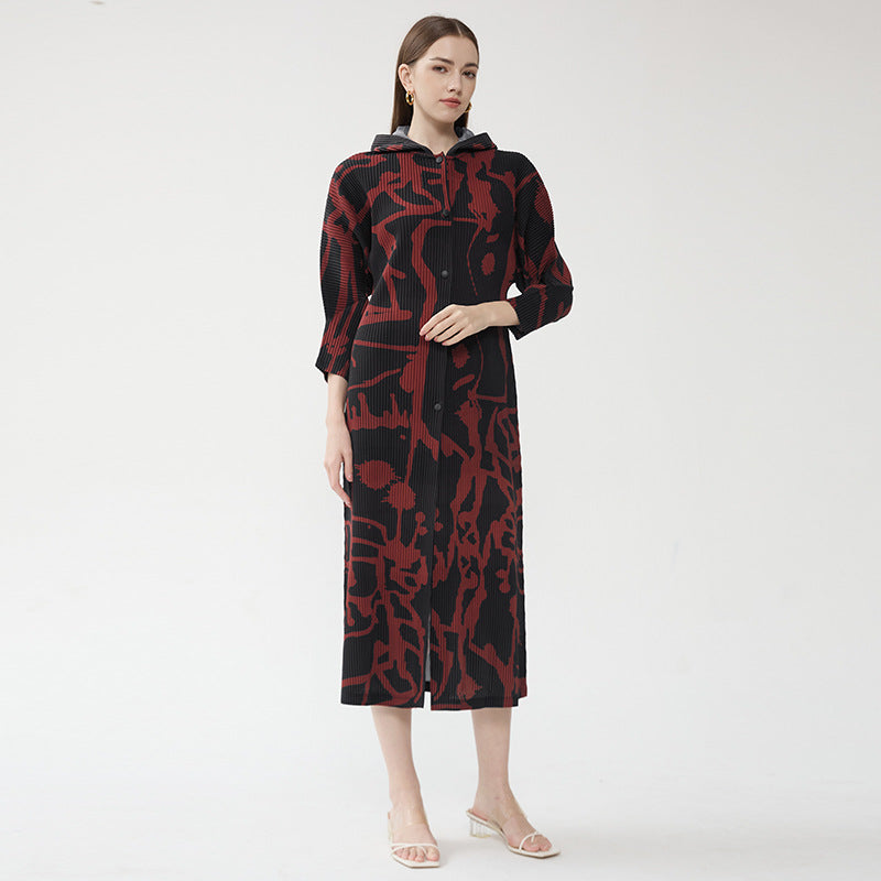 Casual Printed Shawl Women's Autumn Long-Sleeved Single-Breasted Skirt with Hat Dress Women