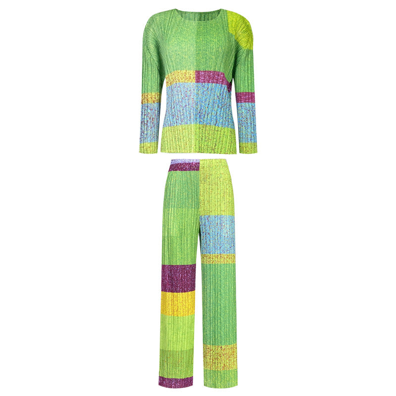 Printing Color Contrast Casual Thin Suit Long-Sleeved Top Drooping Straight Pants Two-Piece Set for Women