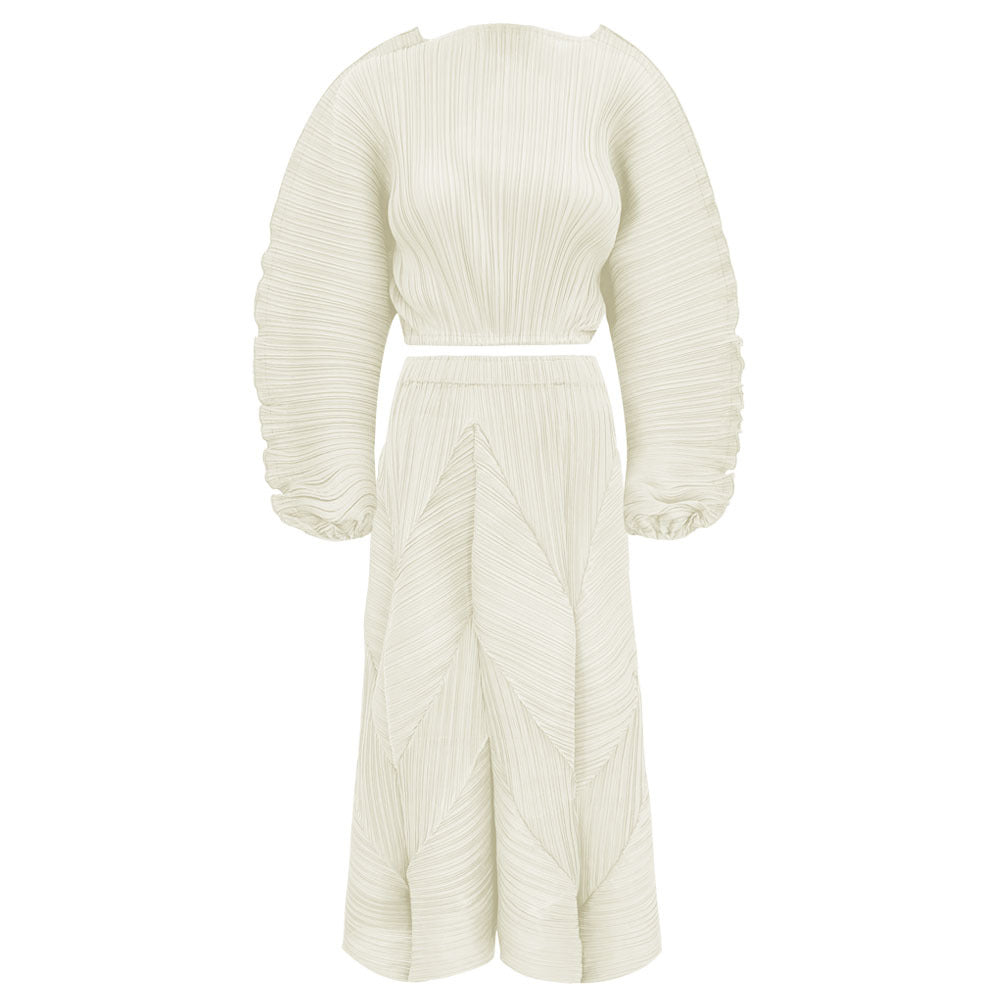 Pleated Suit Solid Color Design Long Sleeve Short Top Bubble Skirt Casual Two-Piece Suit