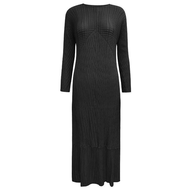 Scale Pleated Dress round Neck Solid Color Long Sleeve Skirt Women's Sense Dress