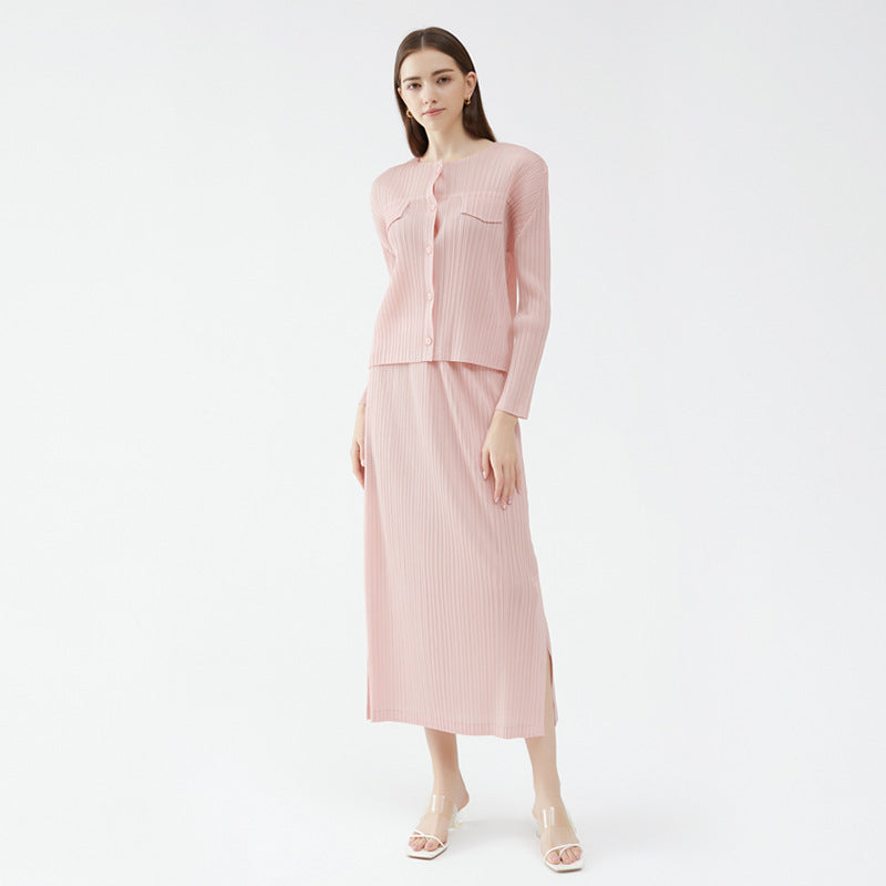 Basic Style Shirt Skirt Two-Piece Set for Women Slit Skirt Sun-Proof Set for Women