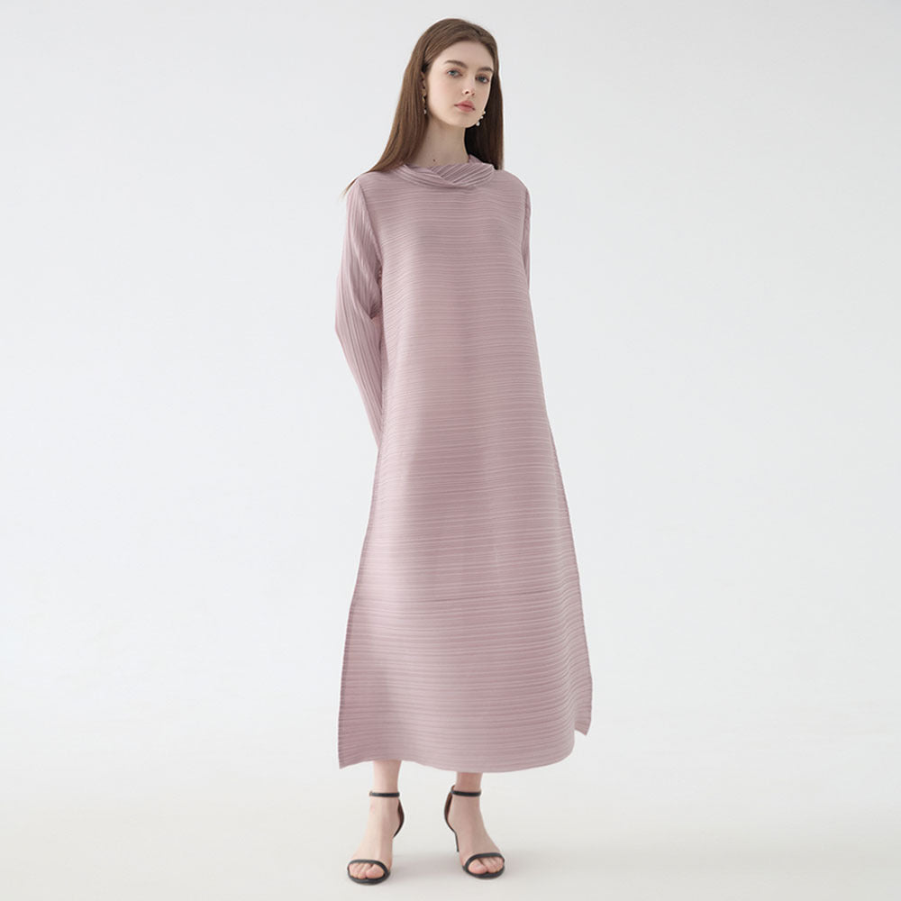 Scarf Collar Dress Women's Loose Long Sleeve Solid Color A- line Midi Dress