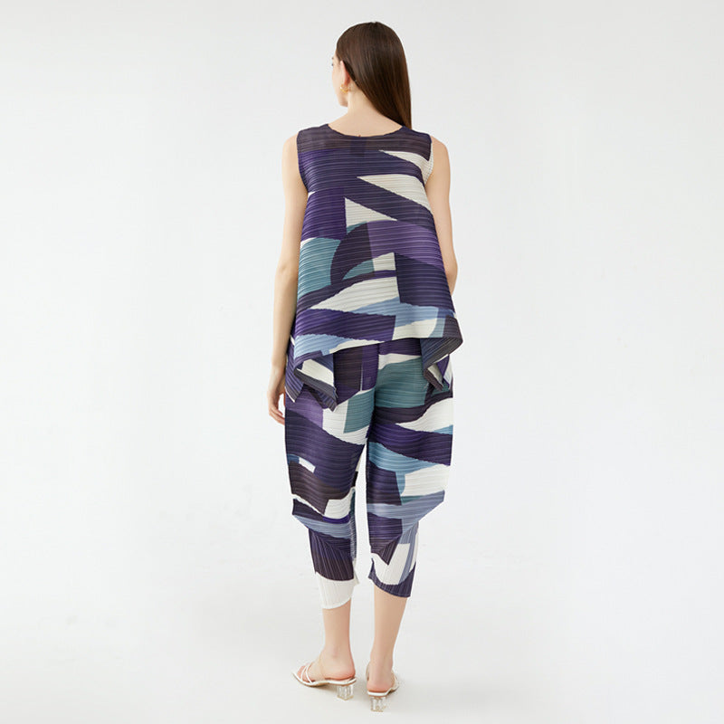 Color Stripes Suit round Neck Sleeveless plus Size Loose Top Ankle-Tied Casual Two-Piece Suit Women