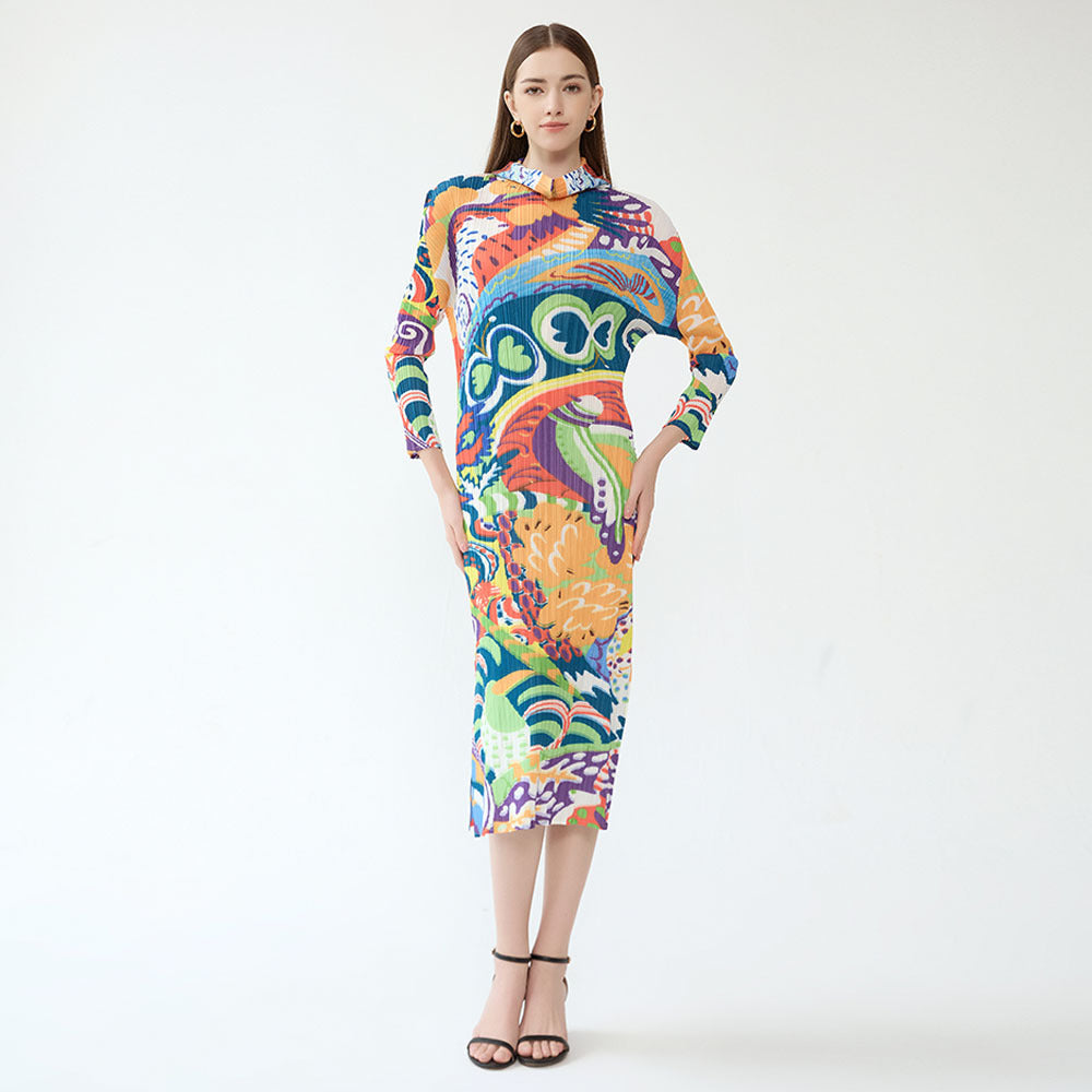Pleated Long Sleeve Casual Wind Dress Shawl Graffiti Color Slim-Fit Hood Dress