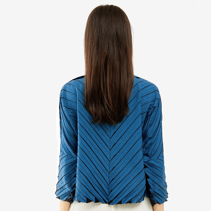 Elegant Versatile Top Unique Inkjet Striped Flared Long Sleeve Pleated Coat for Women