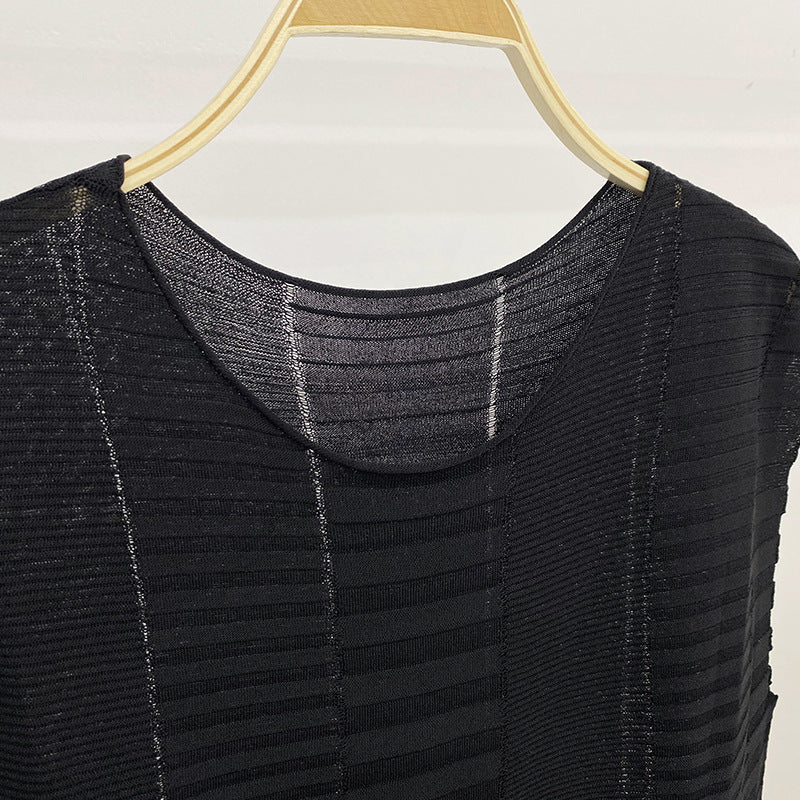 Breathable Solid Color Sweater Fashionable Sleeveless T-shirt Loose Waist Striped Thin Casual Top for Women Summer