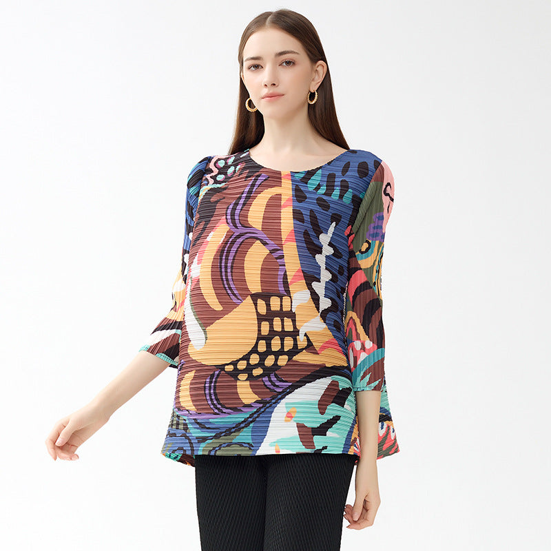 Design Sense Niche T-shirt round Neck Loose Graffiti A- line Skirt Top for Women