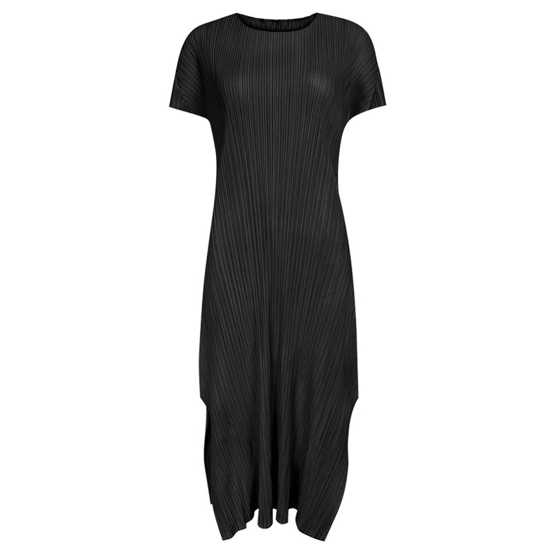 Pure Color Split Dress Pleated Pleated Skirt round Neck Short Sleeve Casual Elegant Basic Skirt