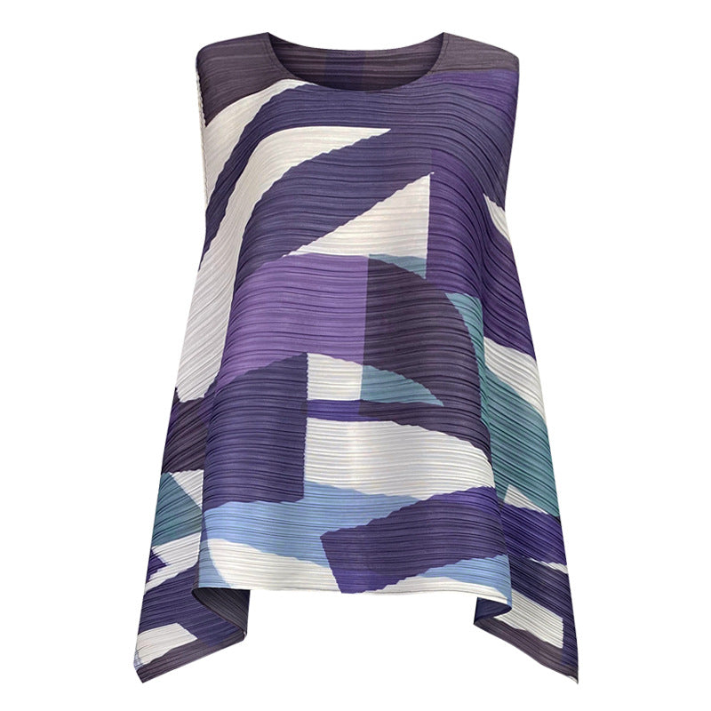 Color Stripes Suit round Neck Sleeveless plus Size Loose Top Ankle-Tied Casual Two-Piece Suit Women