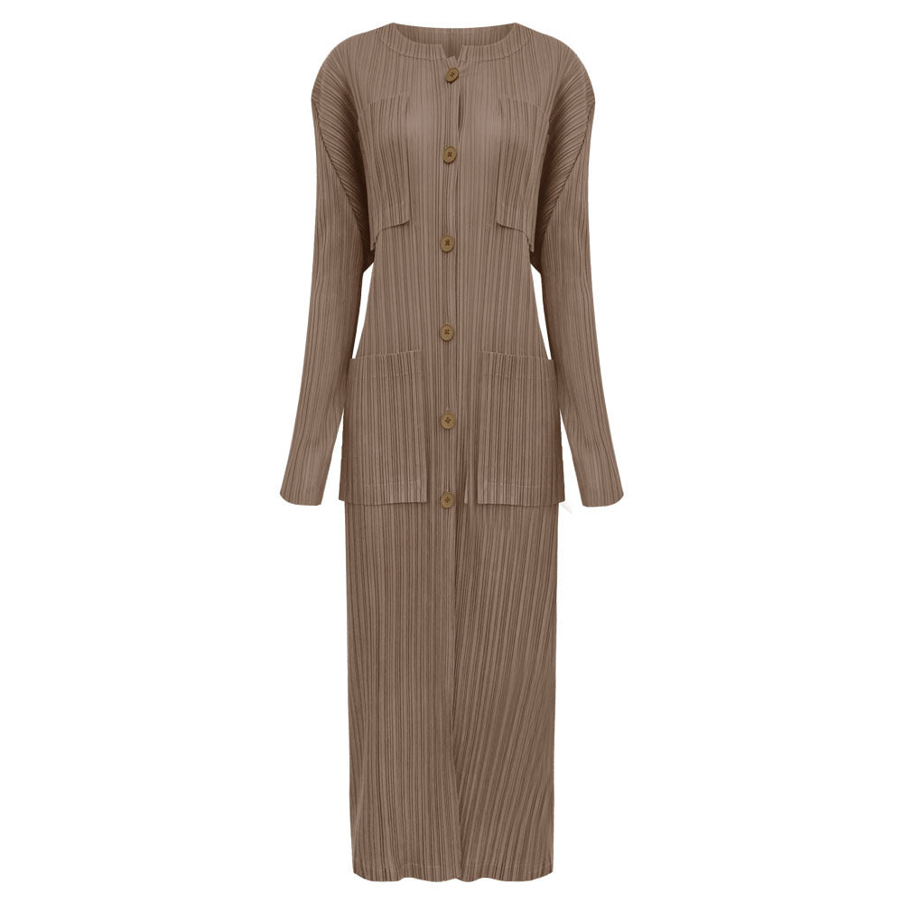 Pleated round Neck Long Sleeve Single-Breasted Slim Pocket Skirt Winter Women's Solid Color Dress