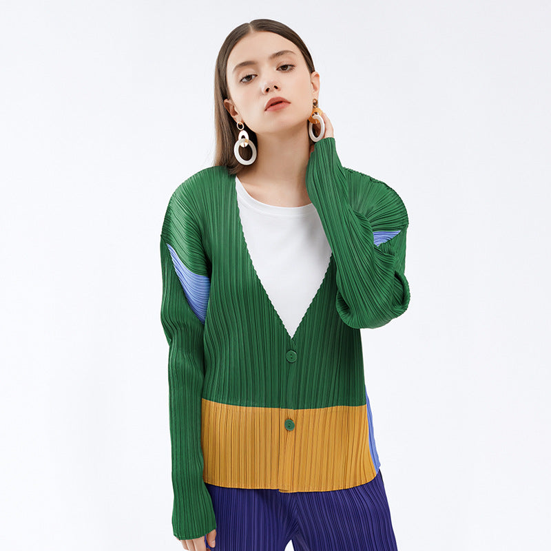 Color Contrast Patchwork Cardigan Long Sleeve Loose Casual Jacket Women's Outer Wear