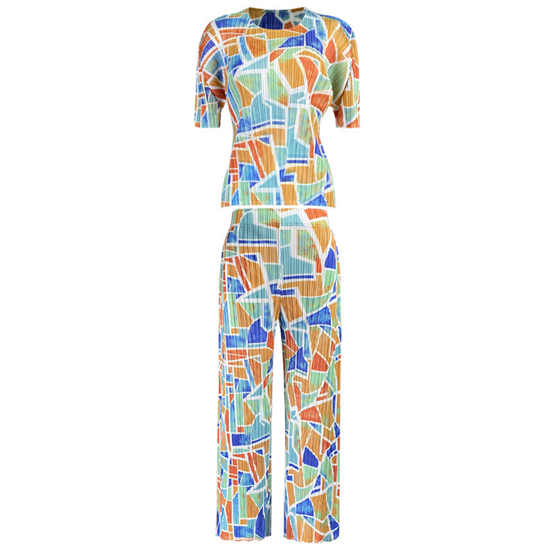 Pleated Suit round Neck Short Sleeve Loose Printing and Dyeing Casual Trousers Elegant Square Two-Piece Set for Women