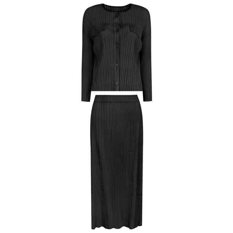 Basic Style Shirt Skirt Two-Piece Set for Women Slit Skirt Sun-Proof Set for Women