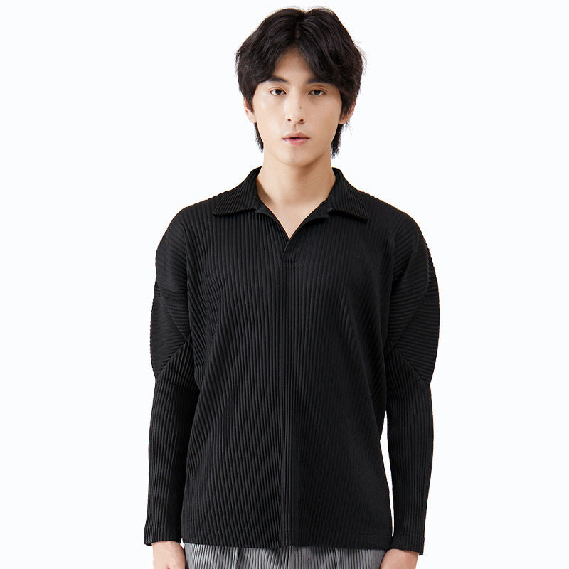Men's Long-Sleeved Solid Color Collar T Casual Polo Collar Pleated Men's T-shirt