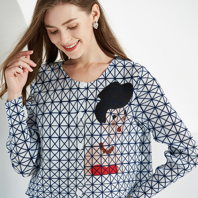 Long Sleeve Autumn Little Plaid Pleated Shirt Simple round Neck Single-Breasted T-shirt Women's Cardigan Coat