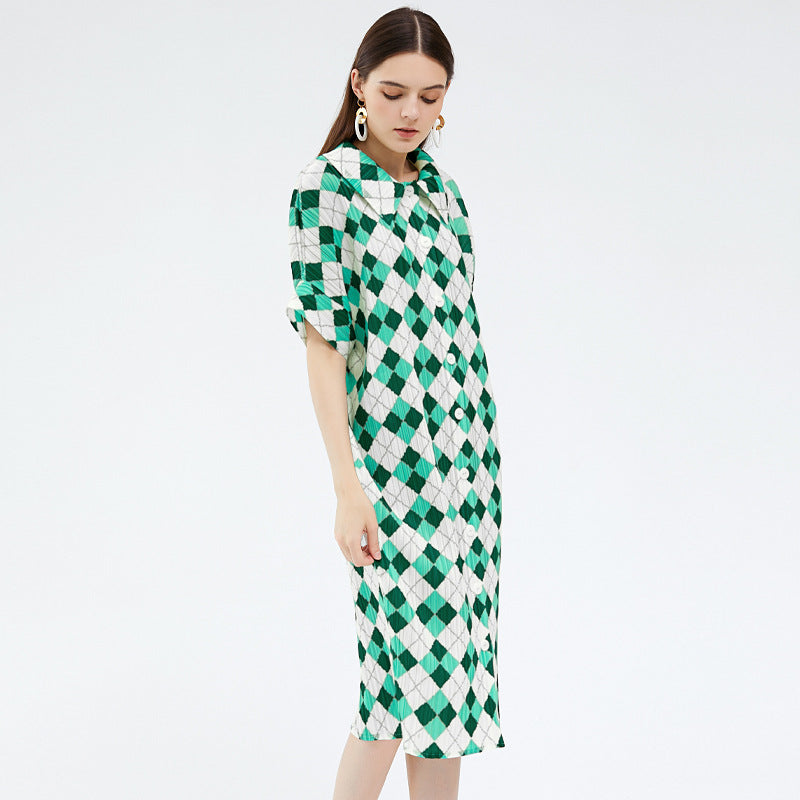 Lapel Pleated Skirt Design Long Skirt Plaid Dress Female Temperament