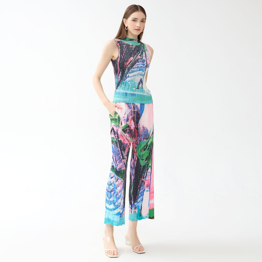 Printing and Dyeing Suit Pleated Print Sleeveless Top Straight-Leg Pants Slim Fit Slimming Casual Two-Piece Suit