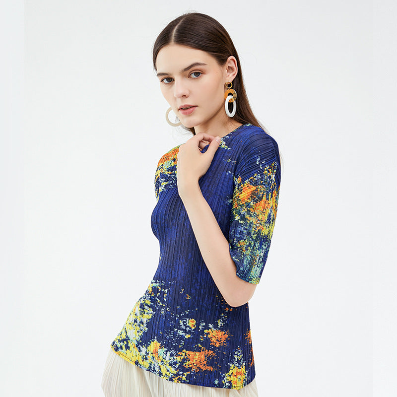 Niche Starry Sky Printed Top round Neck All-Matching T-shirt Female Summer Underwear Blouse