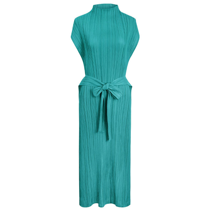 Dress Women's Casual Pleated Slim-Fit round Neck Mid-Length Sleeveless Versatile A- line Skirt