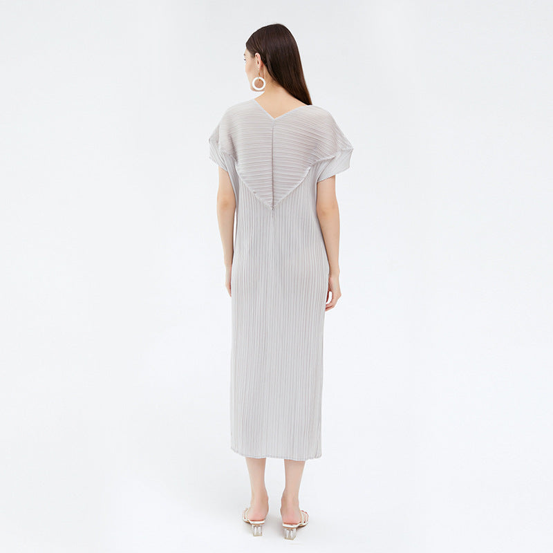 Short Sleeve Skirt Long Heart V-neck Slim Fit Dress Women Pure Color Slimming