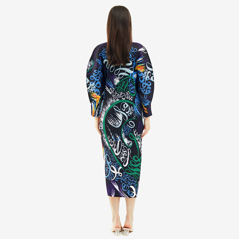 Printed Dress Pleated Waist Tight Slim-Fit Temperament Mid-Length A- line Skirt for Women