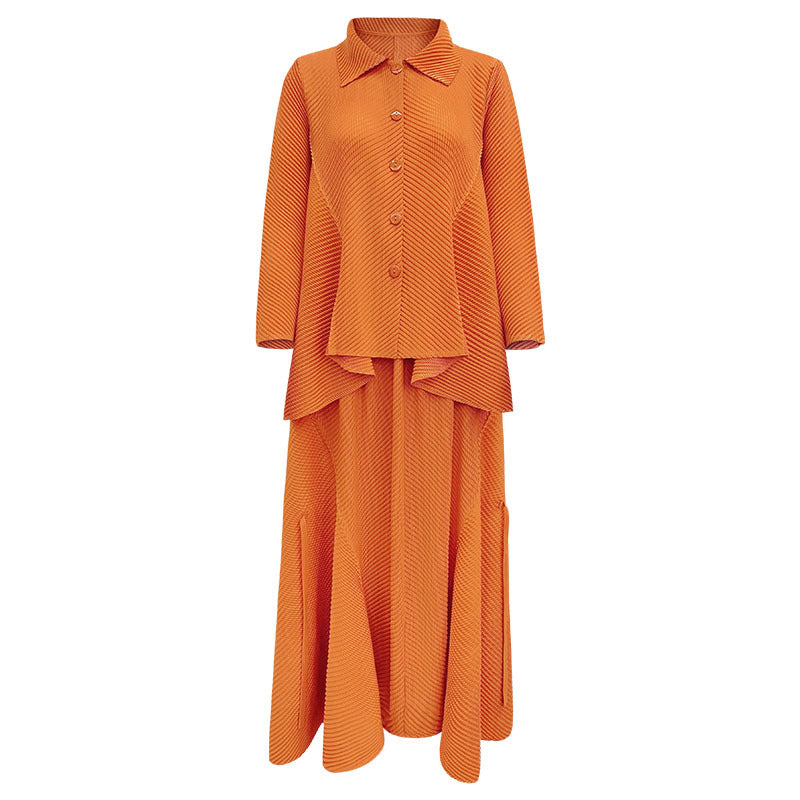 Scale Pleated Autumn Solid Color Loose Long Sleeves Lapel Irregular Top Wide Leg Skirt Two-Piece Set