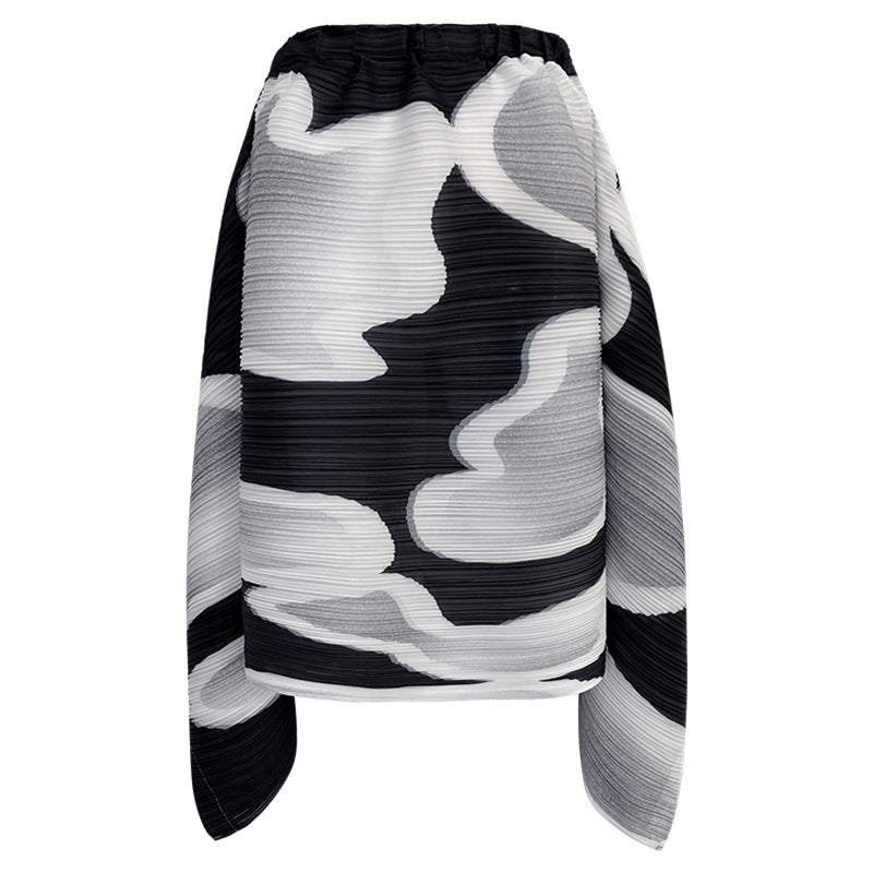 Irregular Black and White Set Loose round Neck Long Sleeve T-shirt Skirt Two-Piece Set for Women