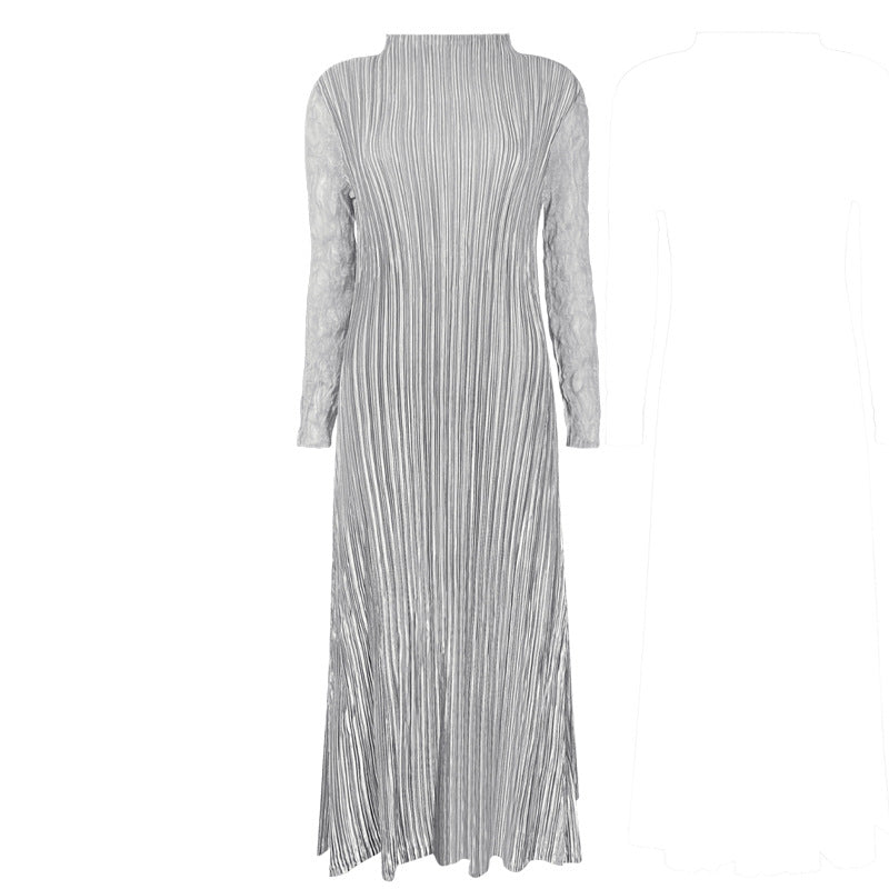 Satin Stitching Half Collar Long Sleeve Dress Women's Skirt Slim Fit Slimming Inner Cinched Waist Pleated Skirt Women