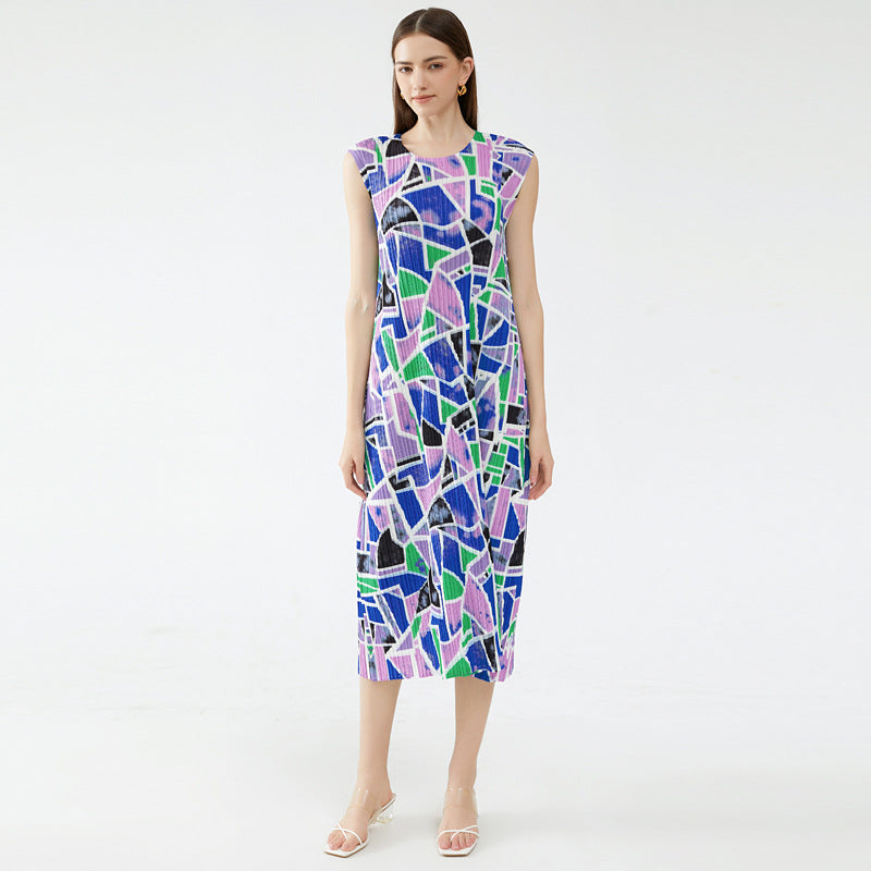 Printing and Dyeing Dress Pleated round Neck Sleeveless Contrast Color Square Mid-Length Dress