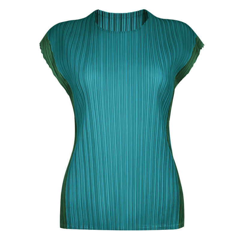 Patchwork Top Design Sense round Neck Pleated Loose T-shirt Women's Casual