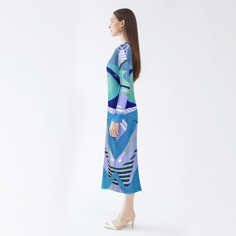Pleated Slim Fit A- line Dress off-Neck Long Sleeve Personalized Printed Mid-Length Dress